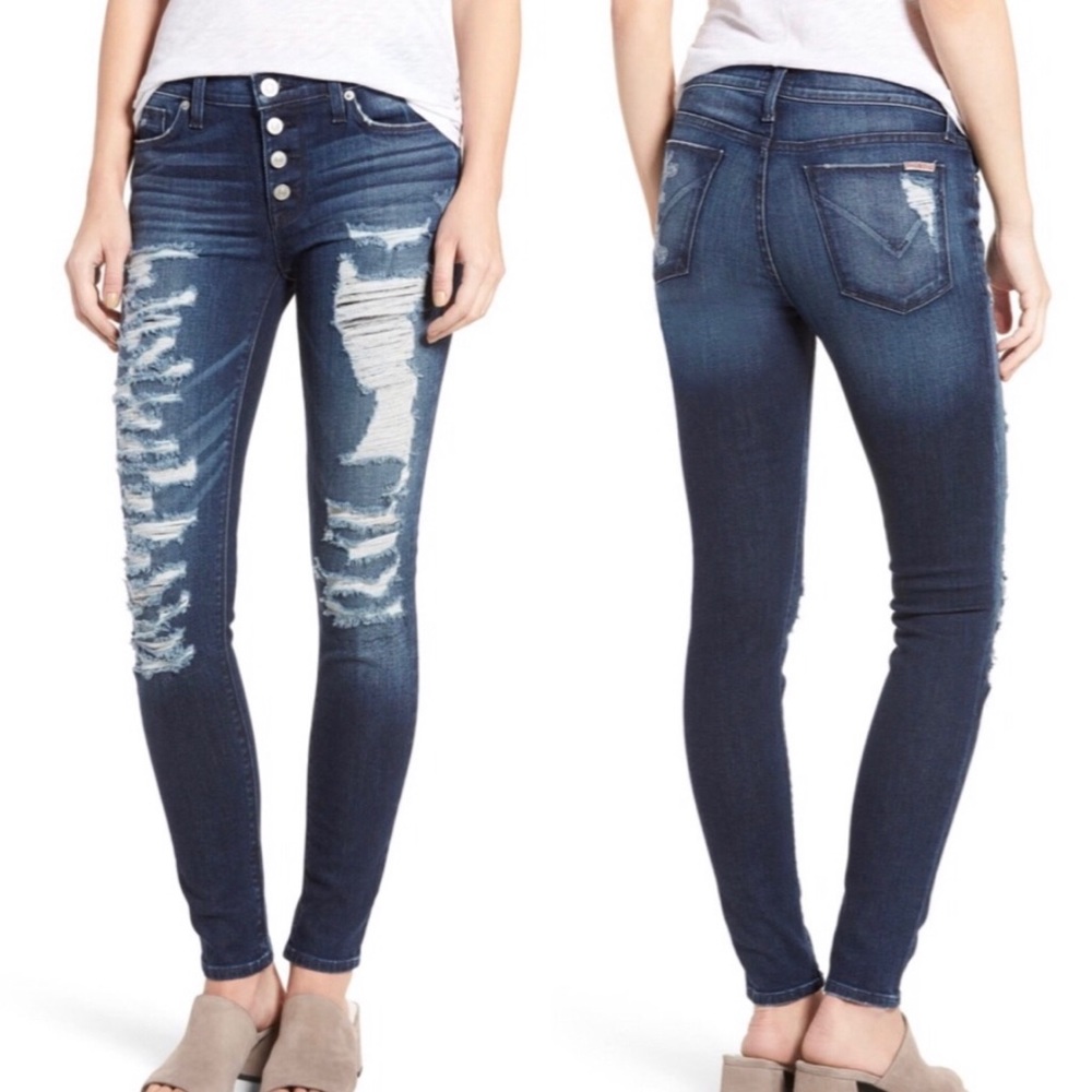 Hudson Ciara Distressed Exposed Button Skinny Jean Size 32